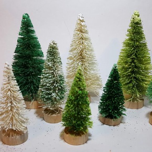 9pc Assorted Light & Dark Green Mini Sisal Bottle Brush Trees Set - Picture 4 of 5